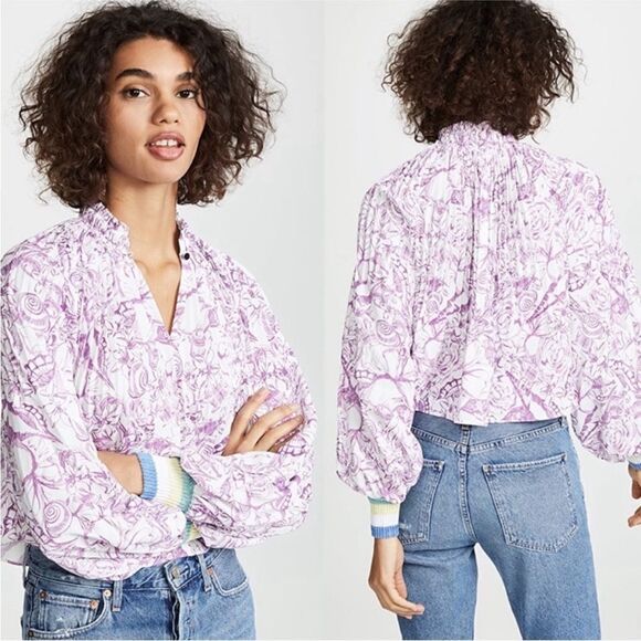 Tibi Isa Toile Cropped Edwardian Blouse Top in Purple - Picture 1 of 13